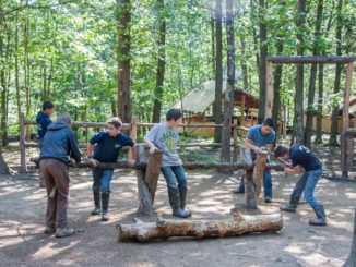 boys cutting wood with bow saws