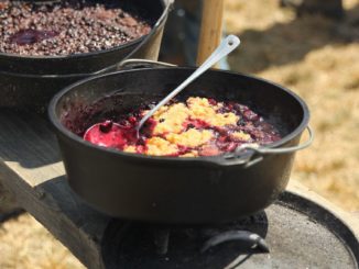 blueberry cobbler in cast iron dutch oven